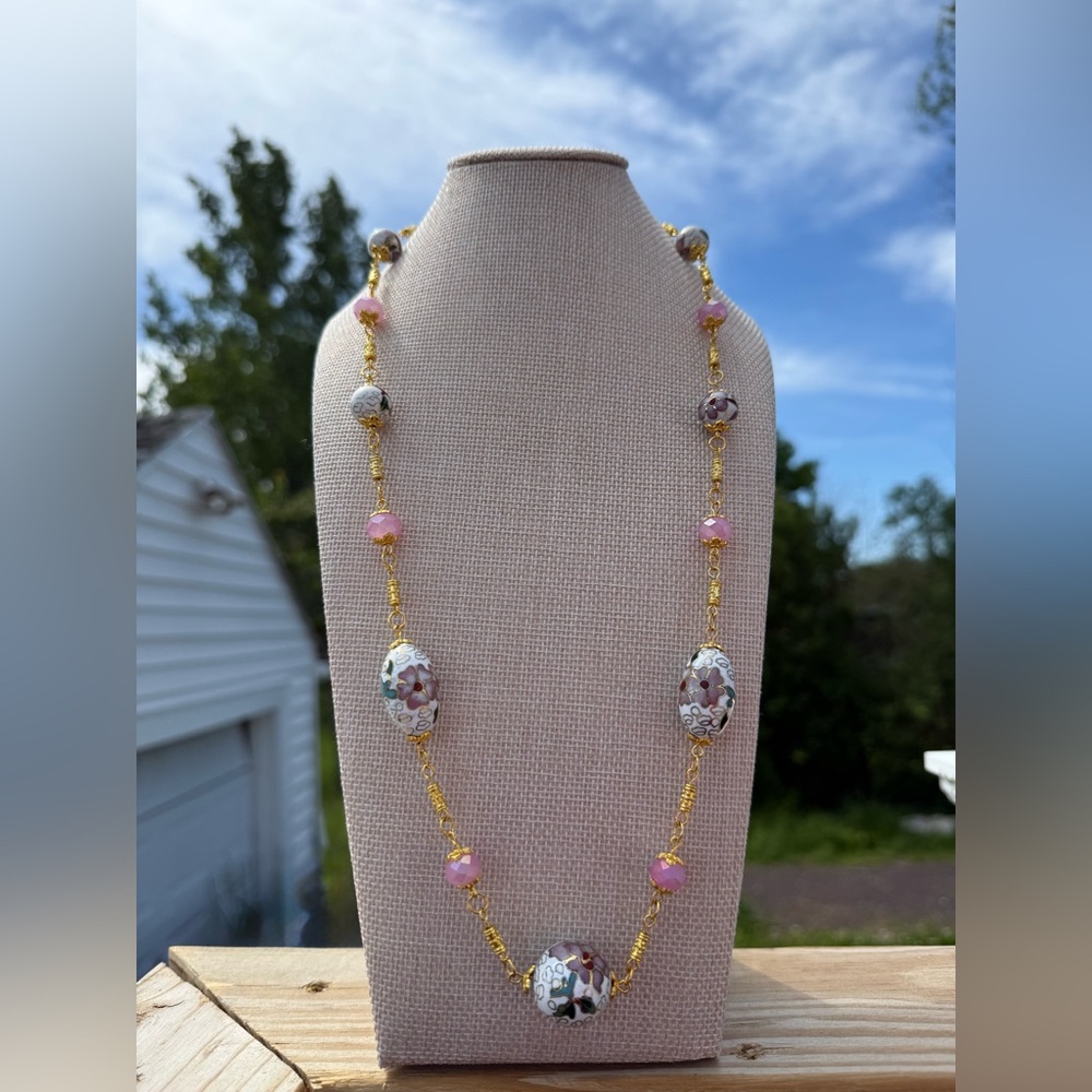 Handcrafted White Cloissone and Pink Crystal Necklace, Earrings and Bracelet Set